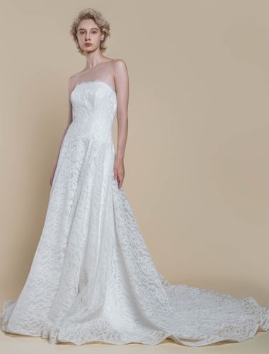 Robe de mariée bohème en dentelle coupe princesse longueur au sol taille naturelle fermeture éclair sans manches sans bretelles ivoire - milanoo.com - Modalova