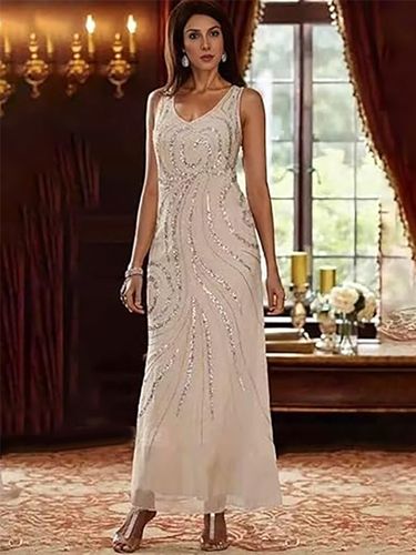 Robe de mère conçue décolleté manches longues deux pièces paillettes longueur cheville robes d\'invité de mariage - milanoo.com - Modalova