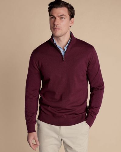 Men's Merino Zip Neck Jumper - Burgundy, XL by - Charles Tyrwhitt - Modalova