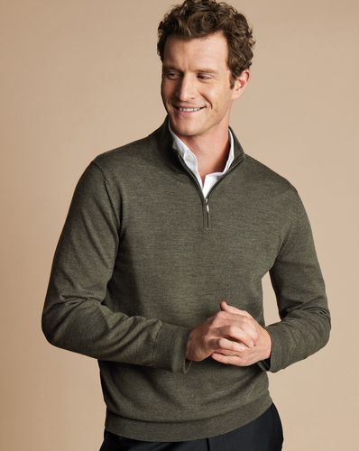 Men's Merino Zip Neck Wool Jumper - Olive Melange, XXXL by - Charles Tyrwhitt - Modalova