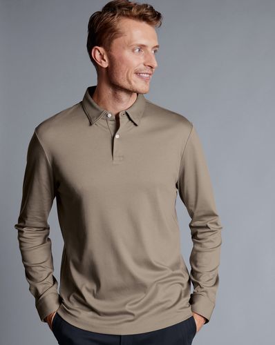 Men's Long Sleeve Smart Jersey Cotton Polo - Taupe Grey, XL by - Charles Tyrwhitt - Modalova