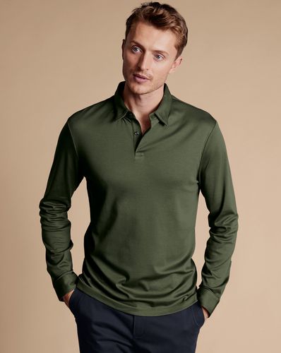 Men's Smart Long Sleeve Jersey Cotton Polo - Olive , XL by - Charles Tyrwhitt - Modalova