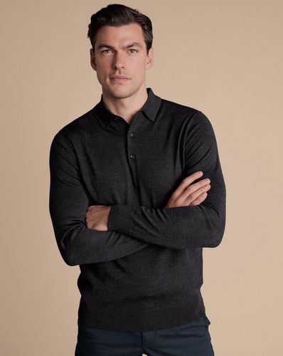 Men's Merino Polo Jumper - Charcoal Black , Large by - Charles Tyrwhitt - Modalova