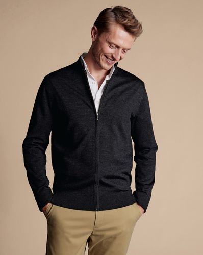 Men's Pure Merino Full Zip-Through Wool Cardigan - Charcoal Black , XL by - Charles Tyrwhitt - Modalova