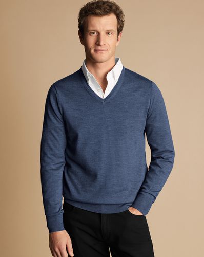 Men's Merino V-Neck Jumper - Indigo Melange, XS by - Charles Tyrwhitt - Modalova