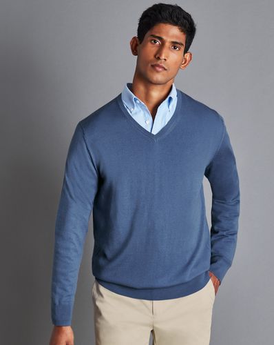 Men's Merino V-Neck Wool Jumper - Steel , Small by - Charles Tyrwhitt - Modalova