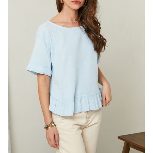 Light Blue Ruffle Hem Linen Top - LE MONDE DU LIN - Modalova