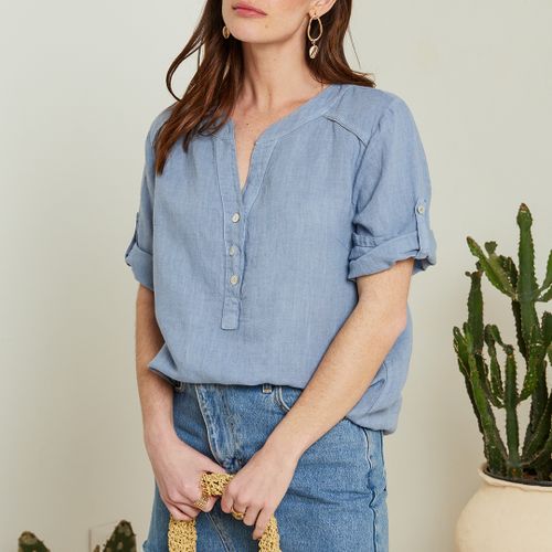 Blue Linen Button V Neck Short Sleeve Top - LE MONDE DU LIN - Modalova