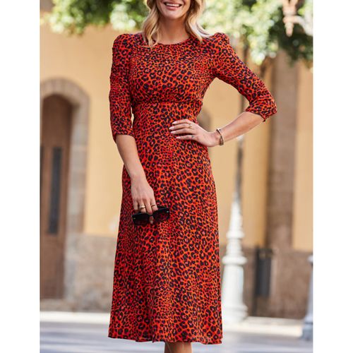 Red & Black Animal Print Ruched Shoulder Midi Dress - SOSANDAR - Modalova