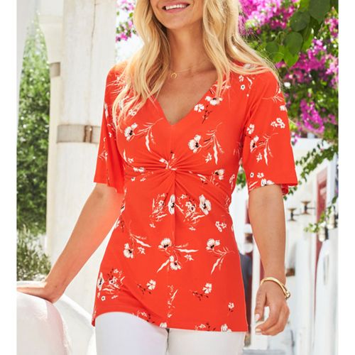 Red & White Floral Print Angel Sleeve Twist Front Top - SOSANDAR - Modalova