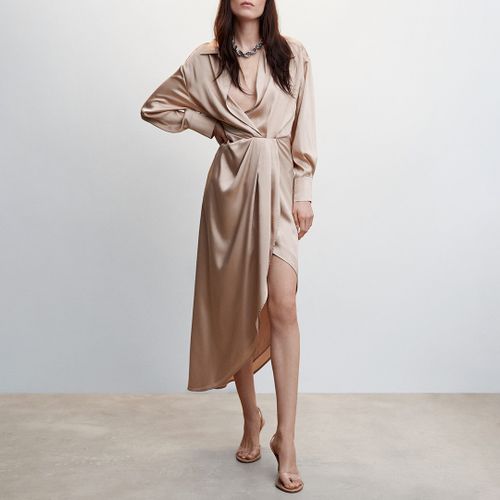 Beige Side-Slit Satin Dress - Mango - Modalova