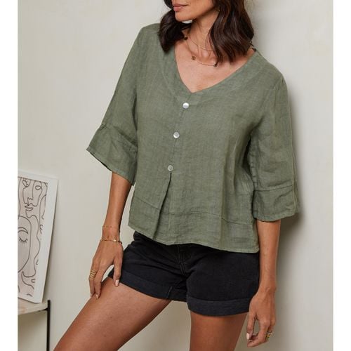 Khaki Linen Tunic Top - LE MONDE DU LIN - Modalova