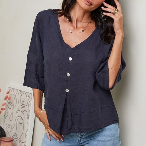 Navy Linen Blouse - LE MONDE DU LIN - Modalova