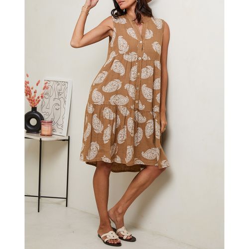 Camel V-Neck Midi Dress - LE MONDE DU LIN - Modalova