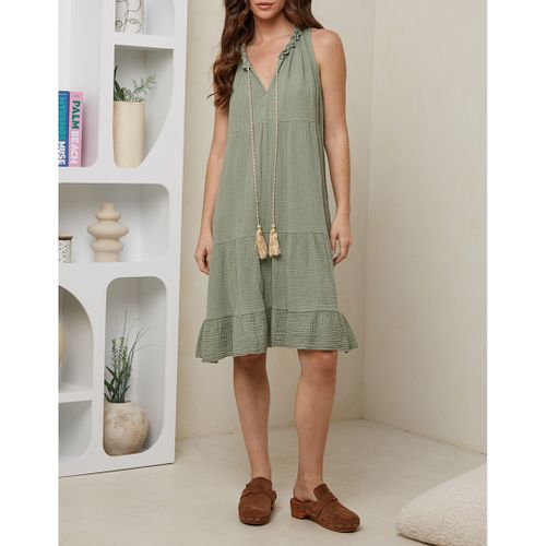 Khaki Tie Neck Cotton Dress - LE MONDE DU LIN - Modalova