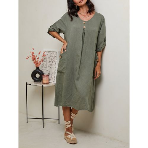 Khaki Linen Midi Dress - LE MONDE DU LIN - Modalova