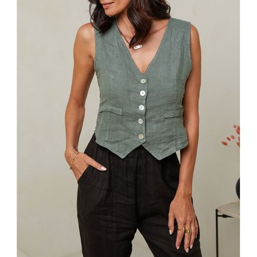 Khaki V-Neck Linen Waist Coat - LE MONDE DU LIN - Modalova