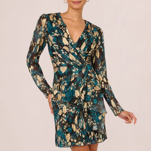 Teal/ Gold Crinkle Foil Wrap Dress - Size 16 - Adrianna Papell - Modalova