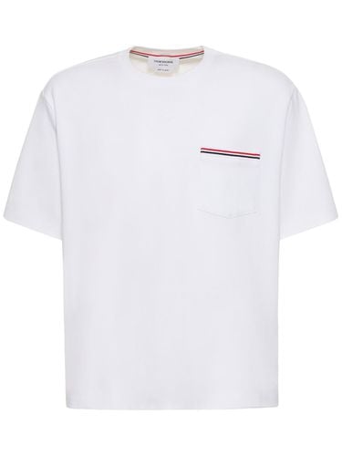 Cotton Jersey T-shirt With Striped Trim - THOM BROWNE - Modalova