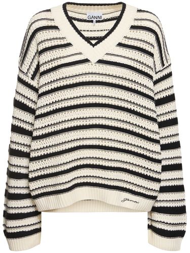 Striped Cotton V-neck Sweater - GANNI - Modalova