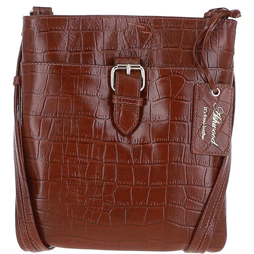 Tab Zip Top Croc Print Real Leather Crossbody Bag Cognac NA - Ashwood Handbags - Modalova