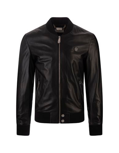 Leather Bomber Jacket With Pp Hexagon - Philipp Plein - Modalova