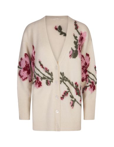 Wool Blend Cardigan With Jacquard Roses - Blumarine - Modalova