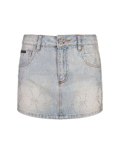 Denim Mini Skirt With Rhinestone Monogram Motif - Philipp Plein - Modalova