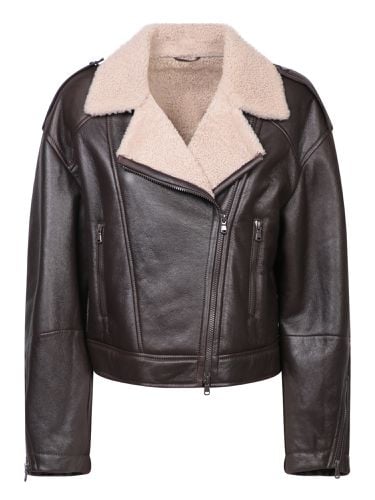 Shearling-collar Cropped Biker Jacket - Brunello Cucinelli - Modalova