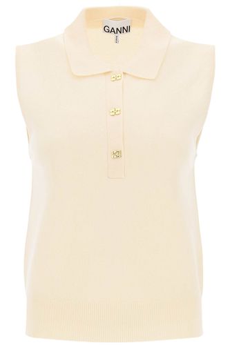 Sleeveless Polo Shirt In Wool And Cashmere - Ganni - Modalova