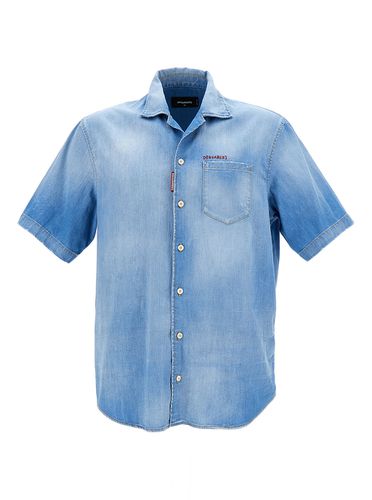 Light Blue Bowling Shirt With Logo Lettering Embroidery In Stretch Cotton Denim Man - Dsquared2 - Modalova