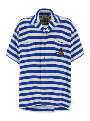And White Striped Bowling Shirt With Orb Embroidery In Cotton Blend Man - Vivienne Westwood - Modalova