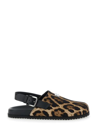 Mules With Logo Plaque On The Front And Leopard Motif In Leather And Cotton Blend Man - Dolce & Gabbana - Modalova