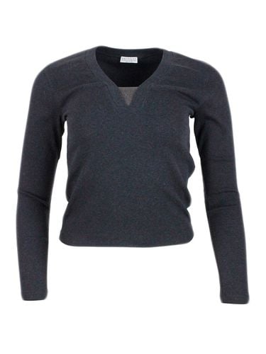 Long-sleeved V-neck T-shirt In Ribbed Stretch Cotton With Monili Triangle On The Neckline - Brunello Cucinelli - Modalova