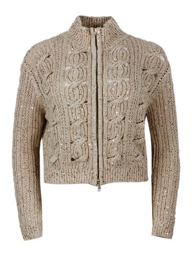 Long-sleeved Full-zip Cardigan Sweater In Cotton Thread With Braided Work Embellished With Applied Microsequins - Lorena Antoniazzi - Modalova