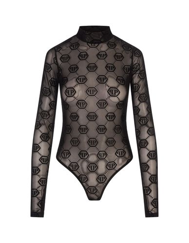 Monogram Tulle Bodysuit Top - Philipp Plein - Modalova