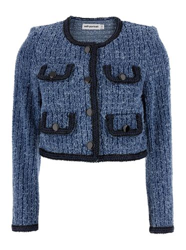 Cropped Jacket With Patch Pocket In Textured Denim Woman - self-portrait - Modalova