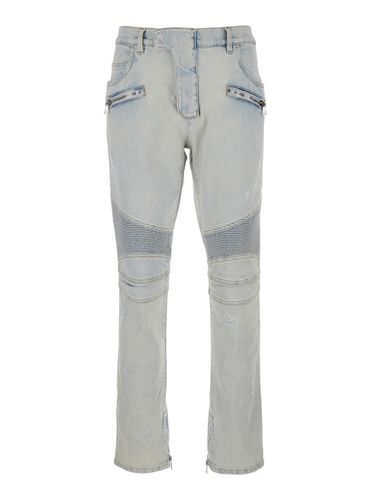 Light Blue Skinny Jeans With Logo Patch And Ribbed Knees In Stretch Cotton Denim Man - Balmain - Modalova