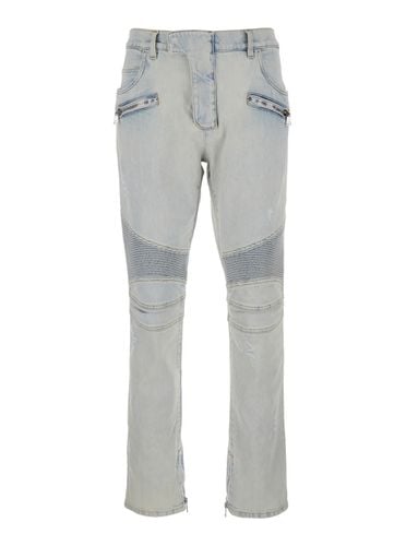 Light Blue Skinny Jeans With Logo Patch And Ribbed Knees In Stretch Cotton Denim Woman - Balmain - Modalova