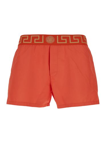 Orange Swimsuit Shorts With Greca Detail In Tech Fabric Man - Versace - Modalova
