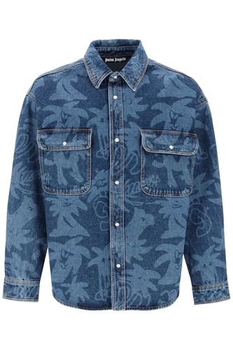 Palmity Overshirt In Denim With Laser Print All-over - Palm Angels - Modalova