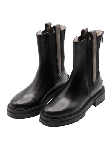 Ankle Boot In Soft Leather With Chunky Lug Sole Embellished With Brilliant Monili On The Side Fabric Parts. Back Zip - Fabiana Filippi - Modalova