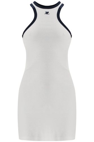 White Cotton Mini Dress With Navy Blue Details And Halter Neck - Courrèges - Modalova