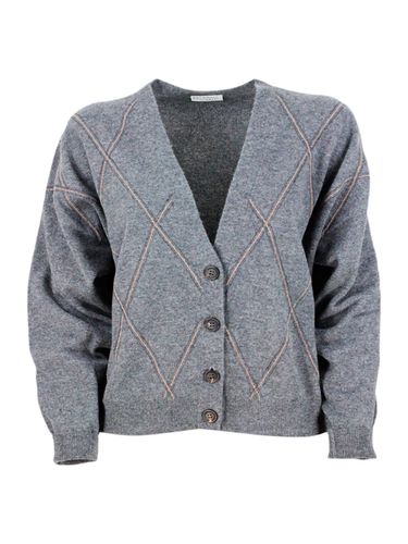 Cardigan Sweater Made Of Precious And Refined Wool, Silk And Cashmere With Diamond Pattern Embellished With Rows Of Brilliant Monili - Brunello Cucinelli - Modalova