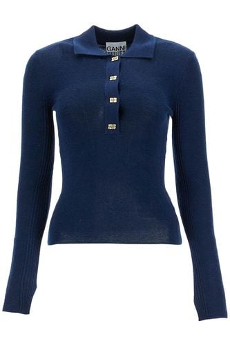 Long-sleeved Merino Wool Polo Shirt - Ganni - Modalova