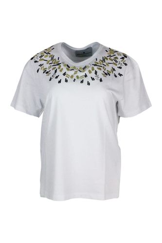 Short-sleeved Round-neck Cotton T-shirt Embellished With Applied Crystals - Ermanno Scervino - Modalova