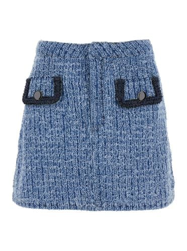 Light Blue Mini Skirt With Patch Pockets In Textured Denim Woman - self-portrait - Modalova