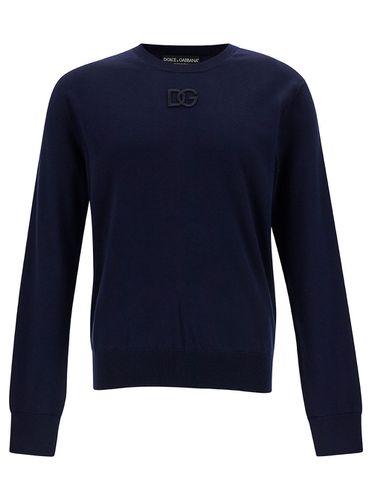 Blue Crewneck Sweater With Tonal Logo Embroidery In Wool Man - Dolce & Gabbana - Modalova