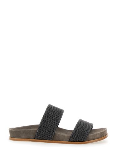 Grey Sandals With Monile Decoration And Round Open Toe In Suede And Cotton Woman - Brunello Cucinelli - Modalova