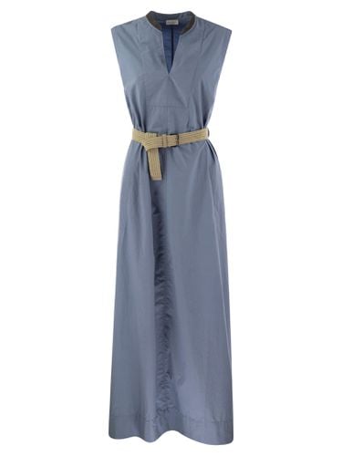 Wrinkled Light Cotton Poplin Dress With Raffia Belt And Precious Neckline - Brunello Cucinelli - Modalova